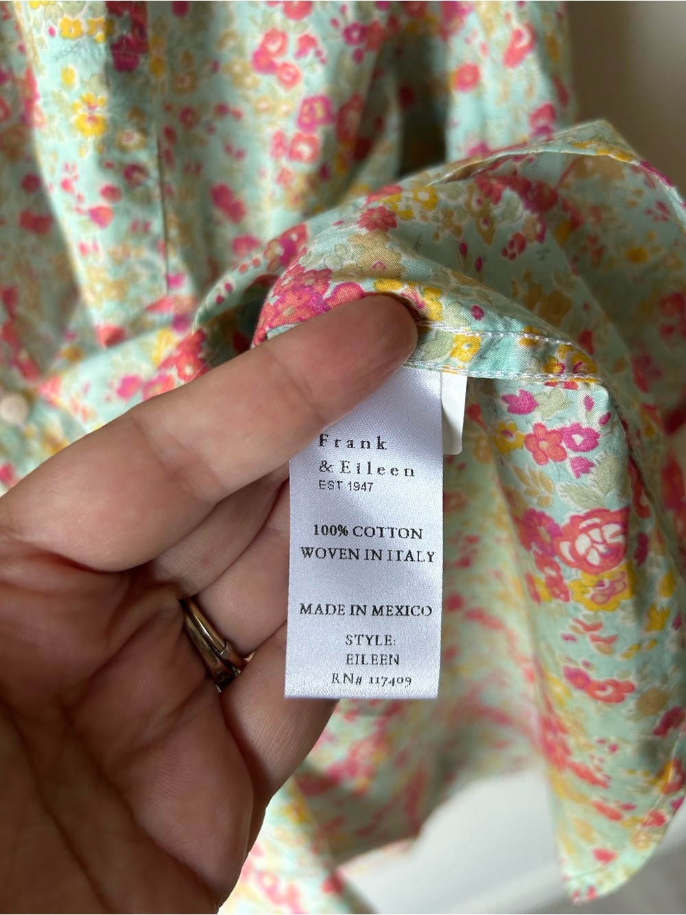 FRANK & EILEEN Eileen Aqua Floral Italian Cotton Button Down Shirt Size Medium - Picture 4 of 8